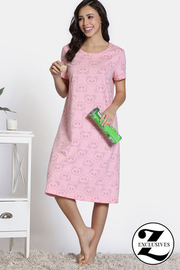 Buy Zivame Knit Cotton Mid Length Nightdress - Almond Blossom
